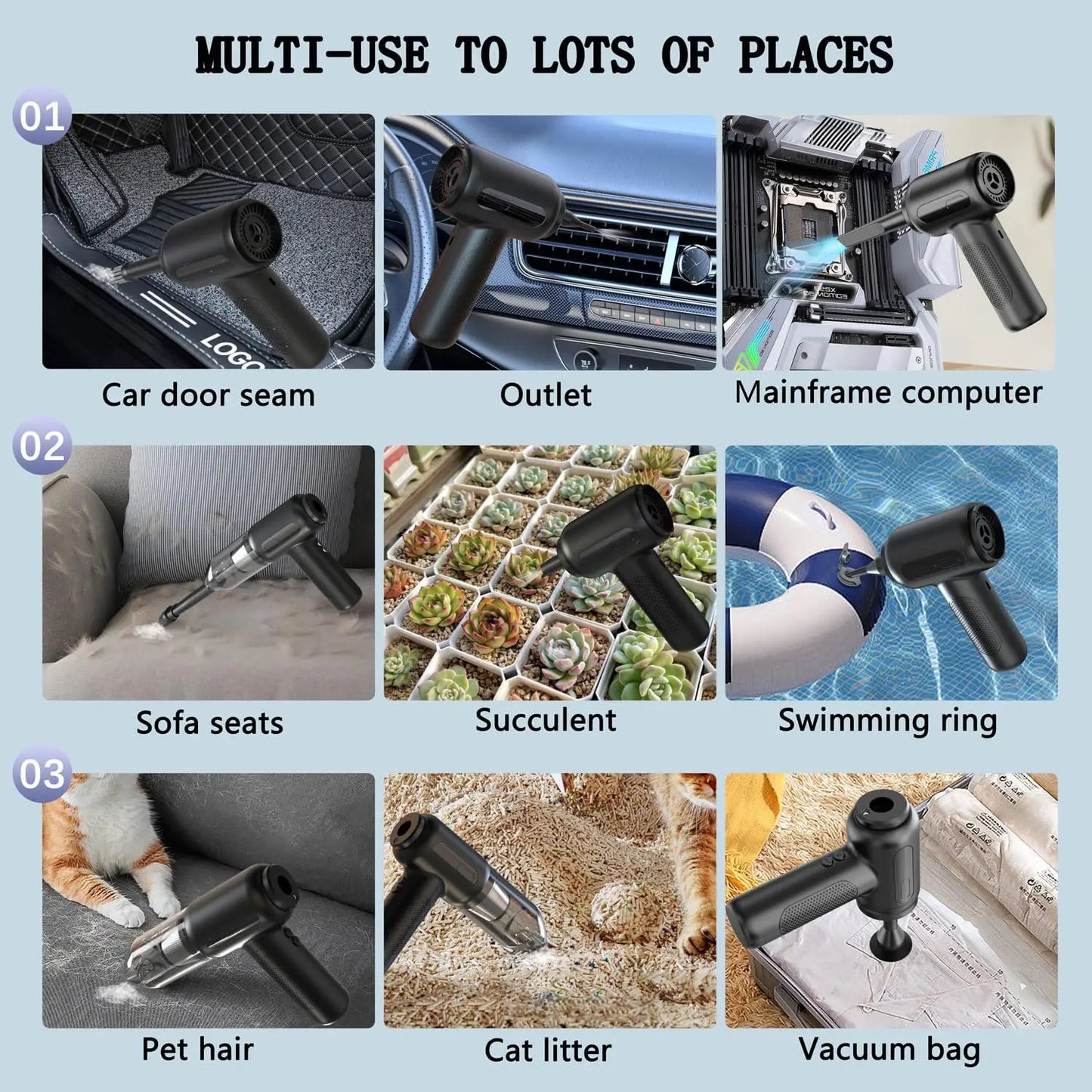 Mini High-Power Suction, with Crevice Tool.