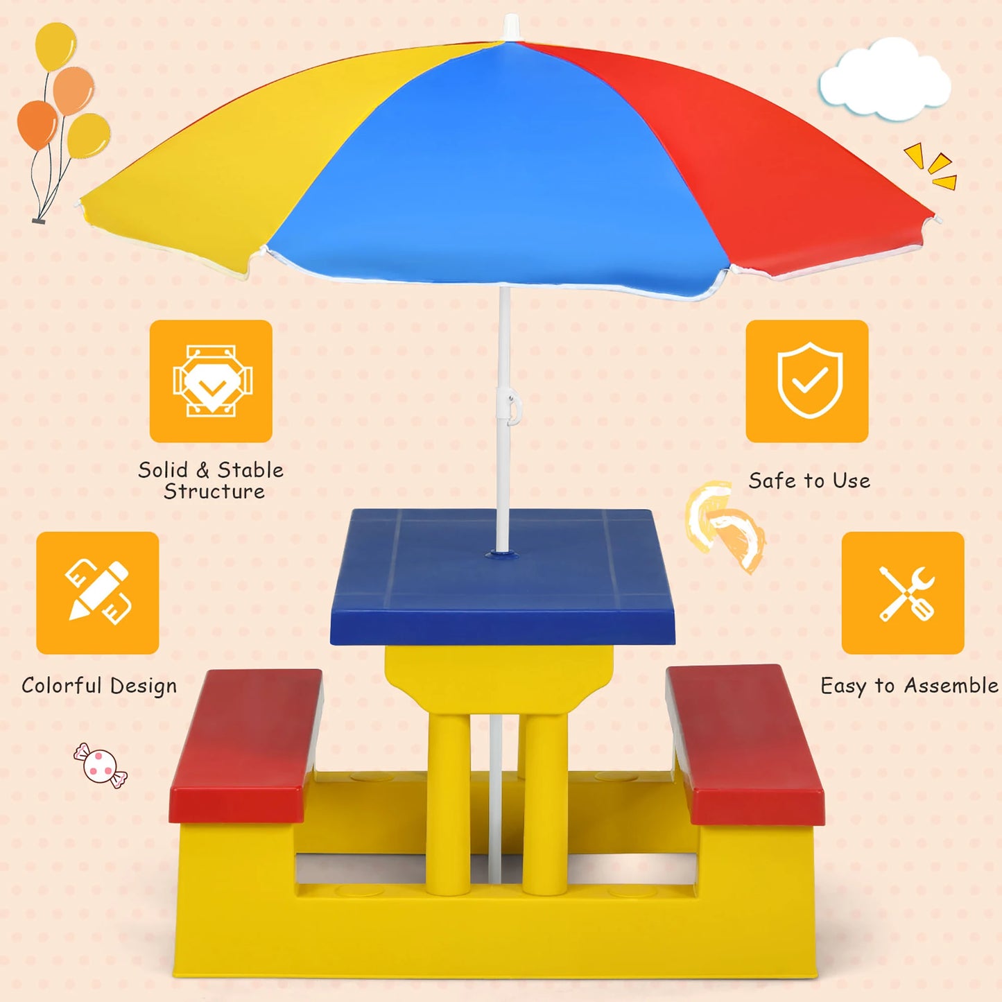 Picnic Table Set W/Removable Umbrella