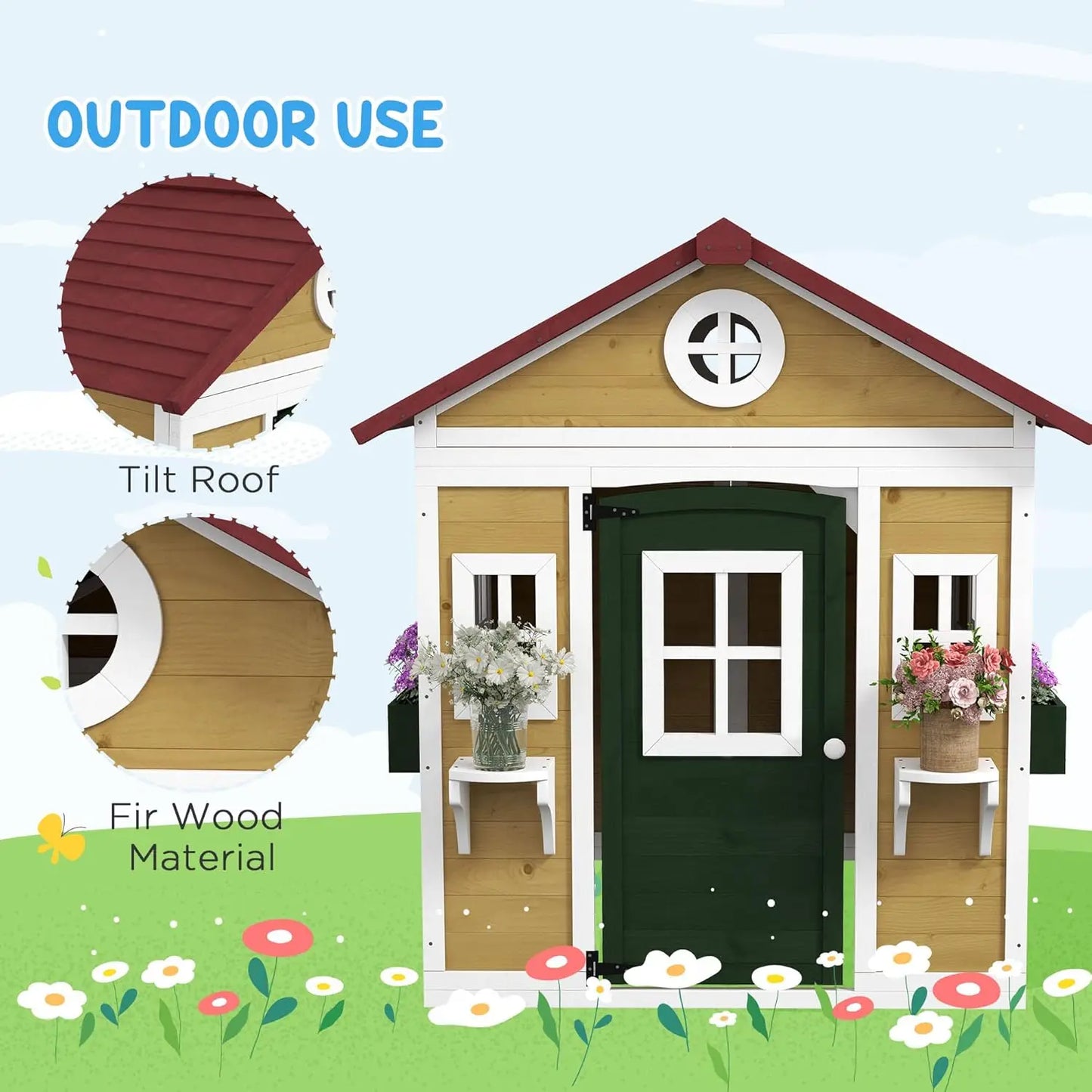 Outdoor Kids Playhouse, Doors, Windows, Planter Pots