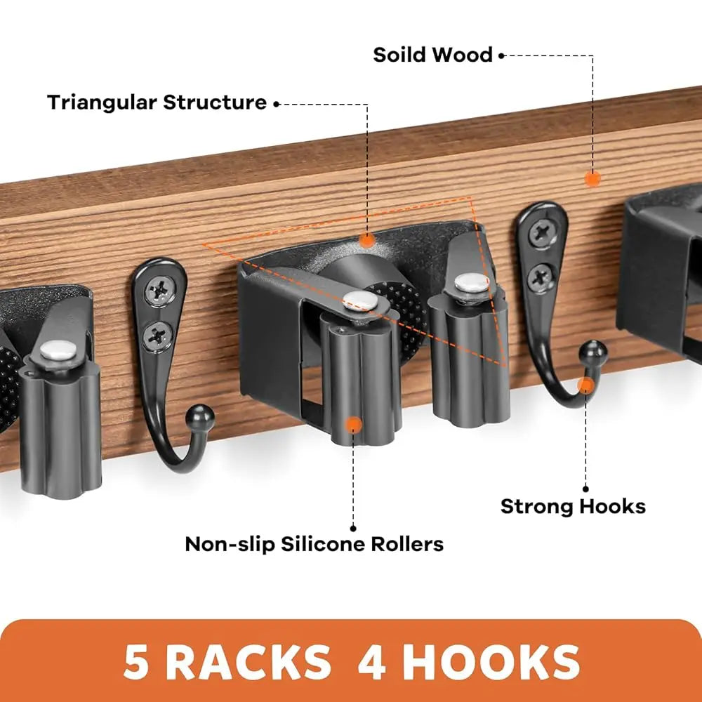 Broom Holder Wall Mount, Rustic Wood