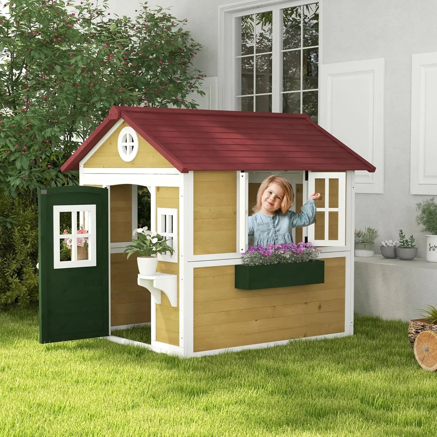 Outdoor Kids Playhouse, Doors, Windows, Planter Pots