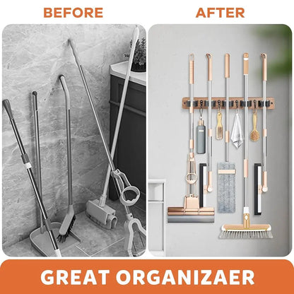 Broom Holder Wall Mount, Rustic Wood