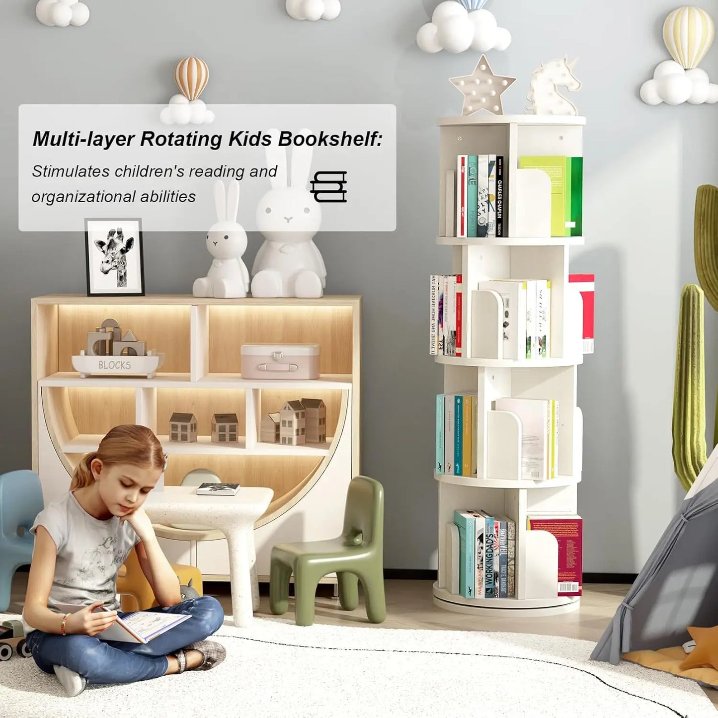 Wood Rotating Corner Book Shelf Organizer