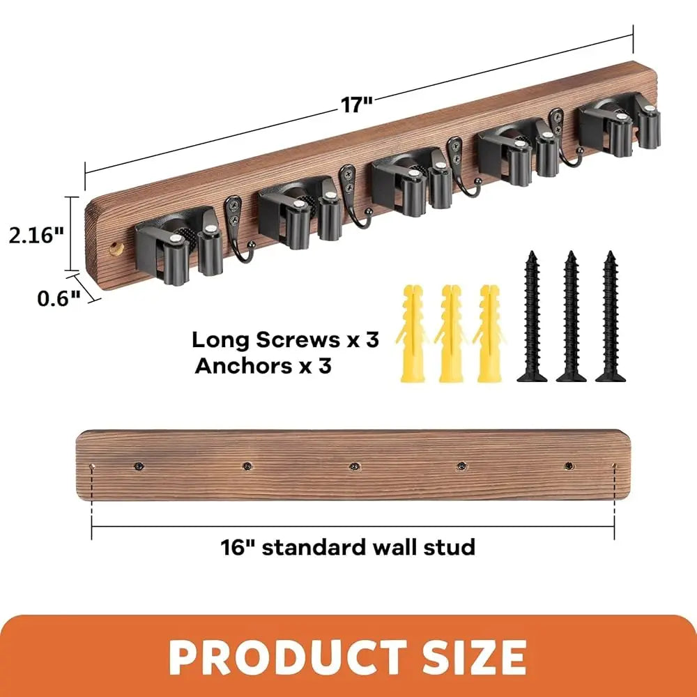 Broom Holder Wall Mount, Rustic Wood