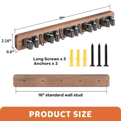 Broom Holder Wall Mount, Rustic Wood