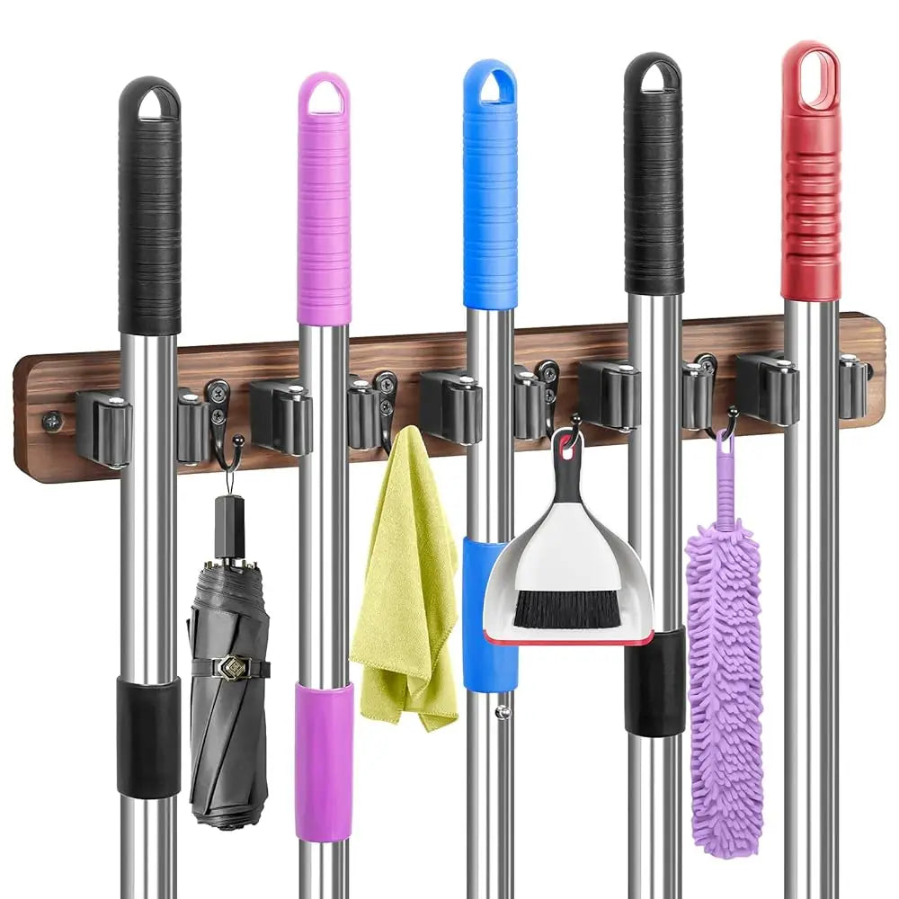 Broom Holder Wall Mount, Rustic Wood