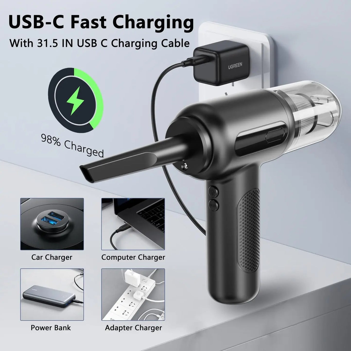 Mini High-Power Suction, with Crevice Tool.