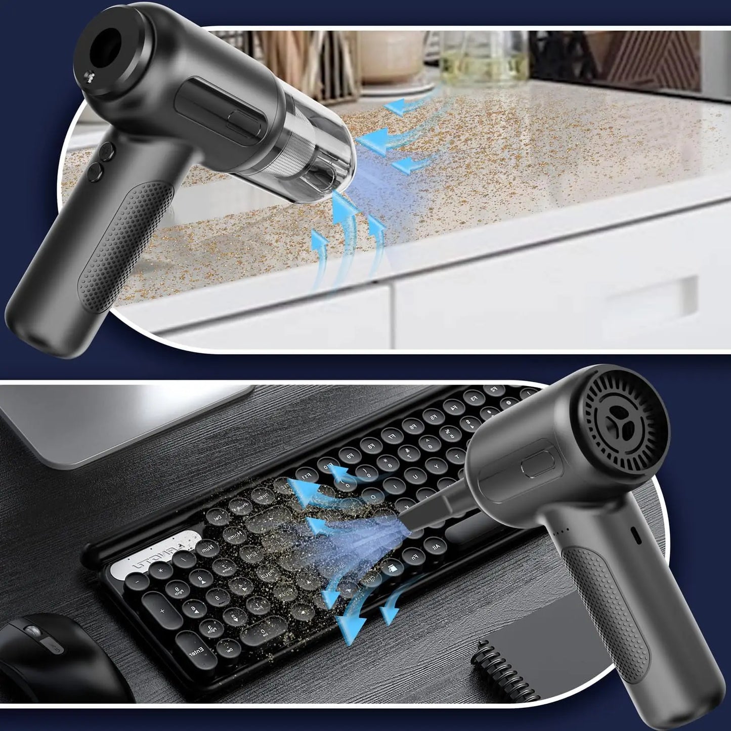 Mini High-Power Suction, with Crevice Tool.