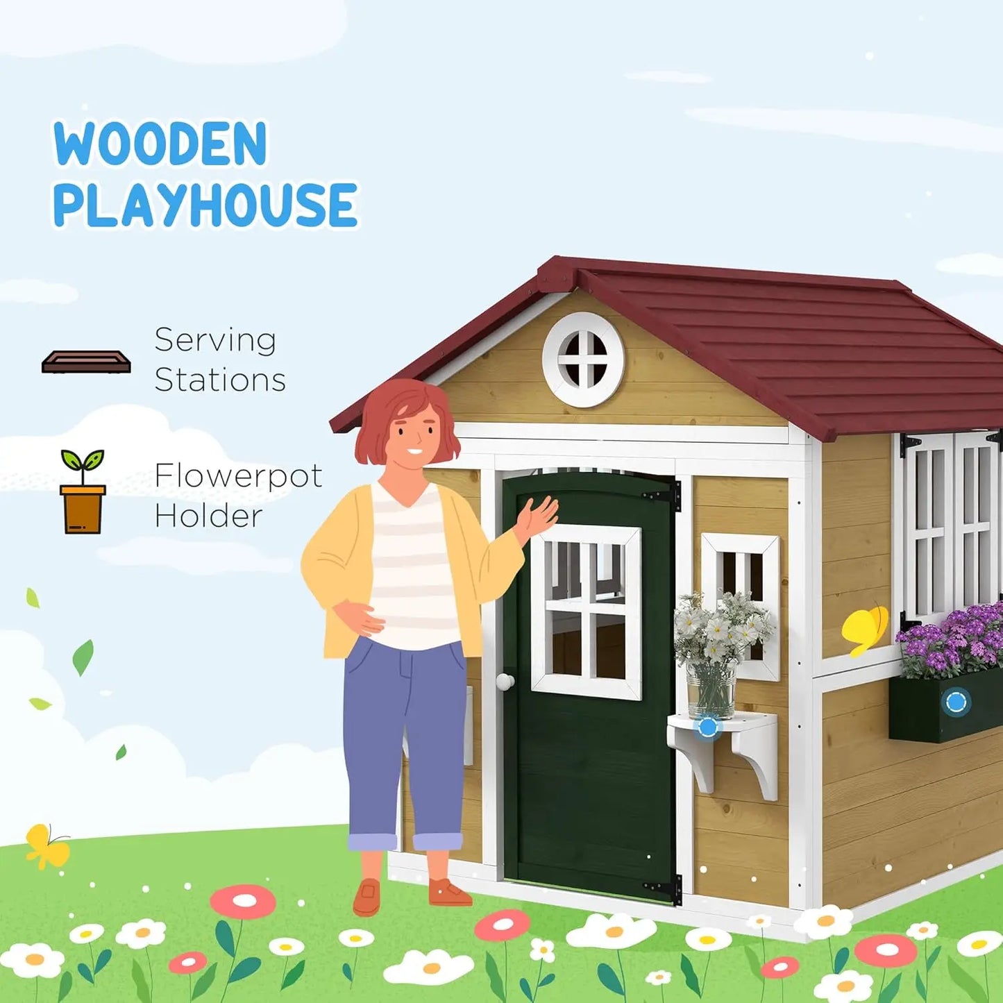 Outdoor Kids Playhouse, Doors, Windows, Planter Pots